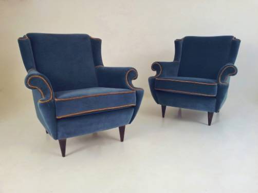 Pair vintage armchairs reupholstered in blue & gold velvet, 1940`s ca, Italian